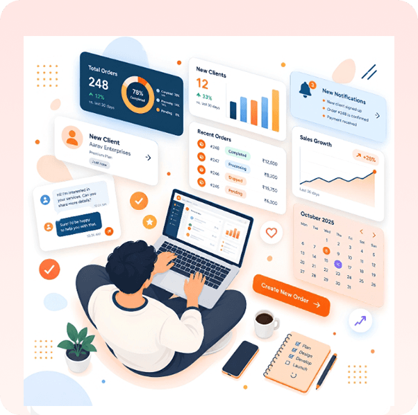BizNext business dashboard connecting orders, customers, analytics and workflows